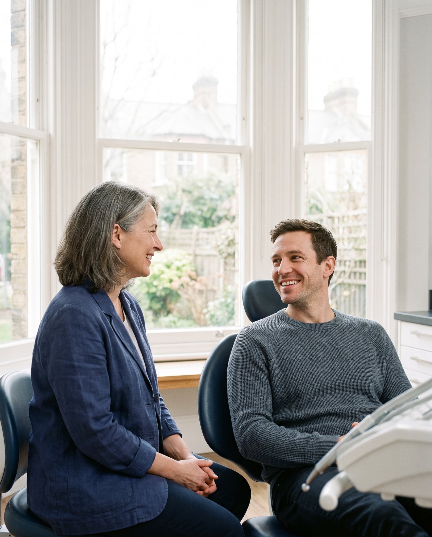 Dentist and patient talking at the chair
