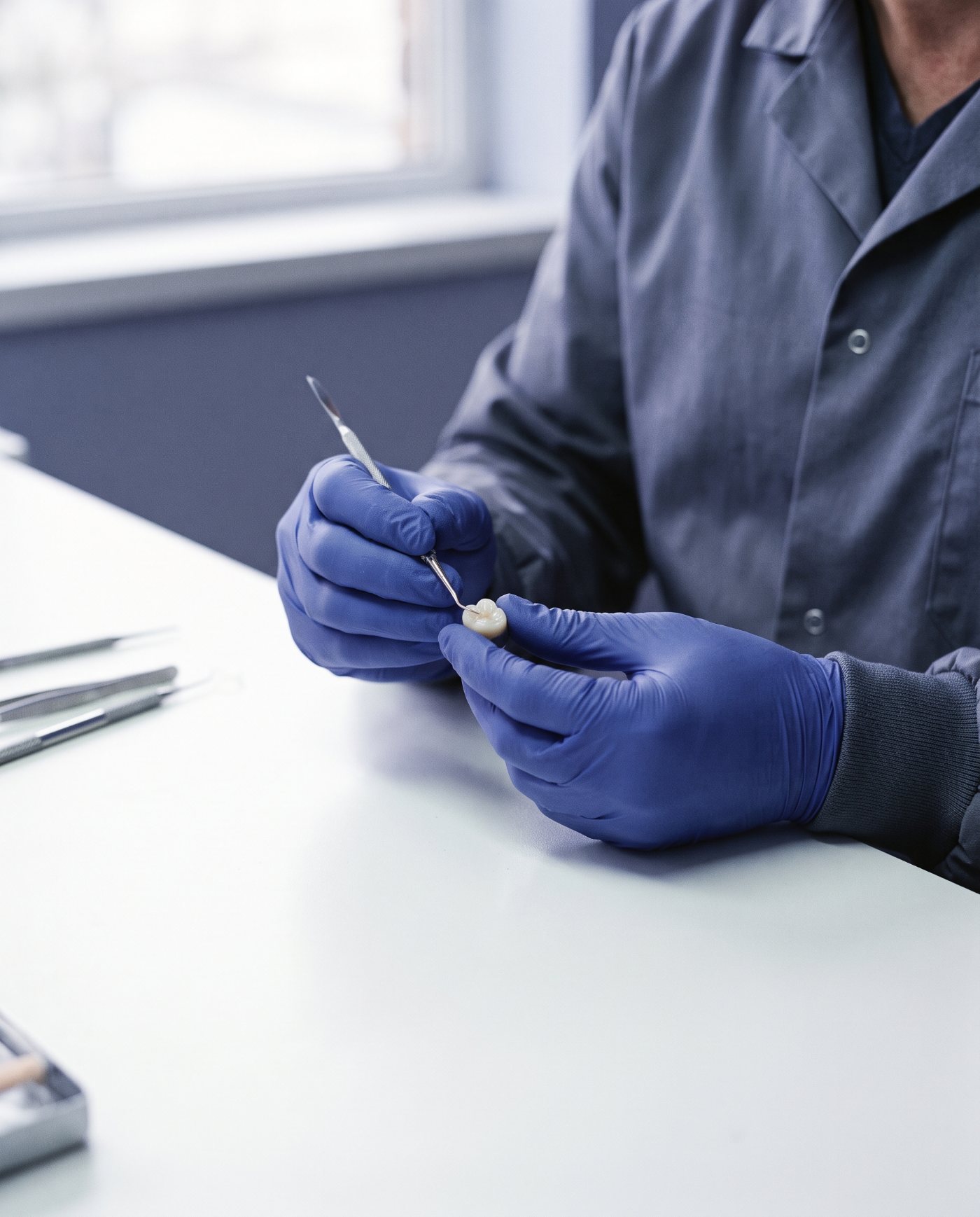 A technician shaping a porcelain crown