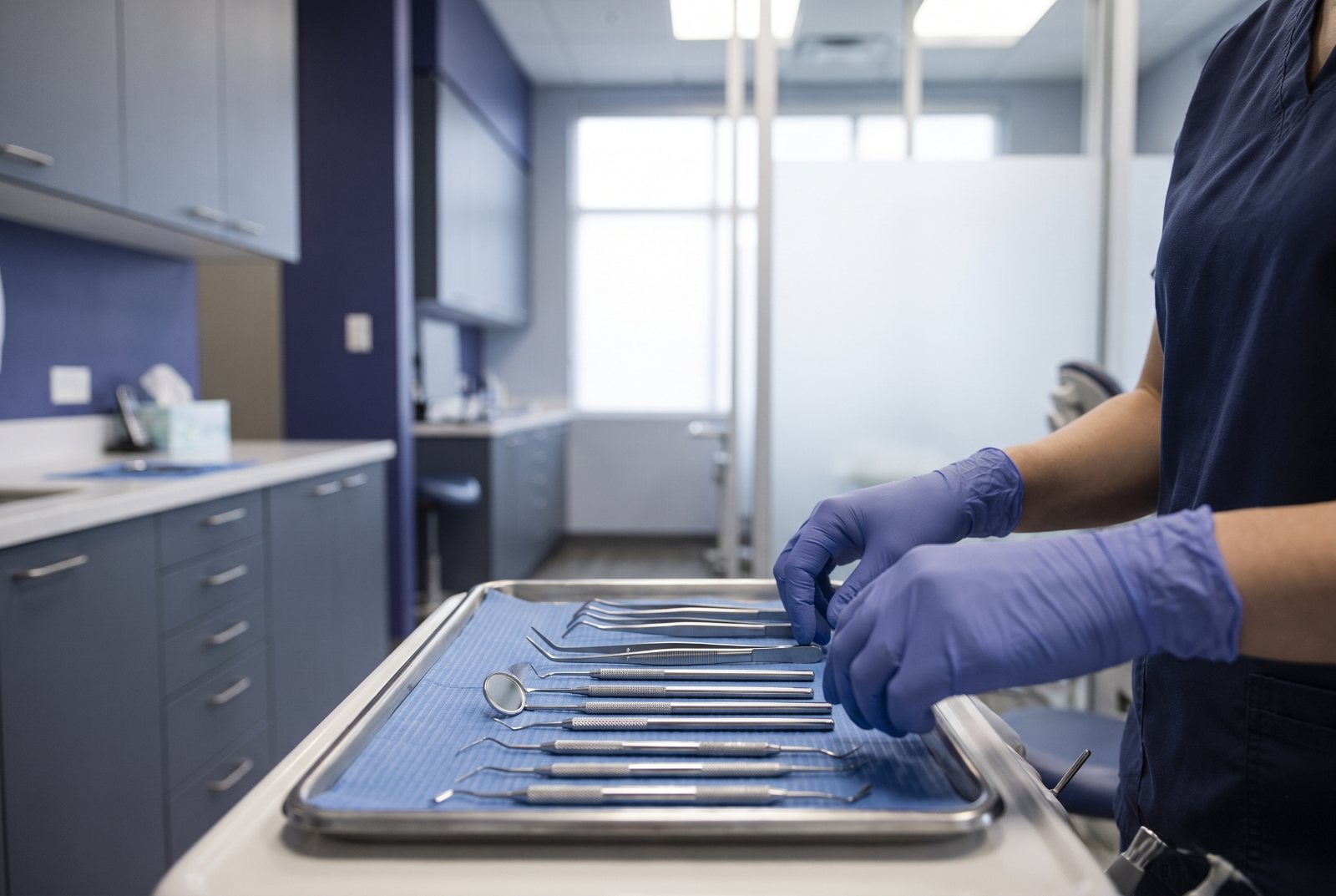 A sterile tray prepared before the visit